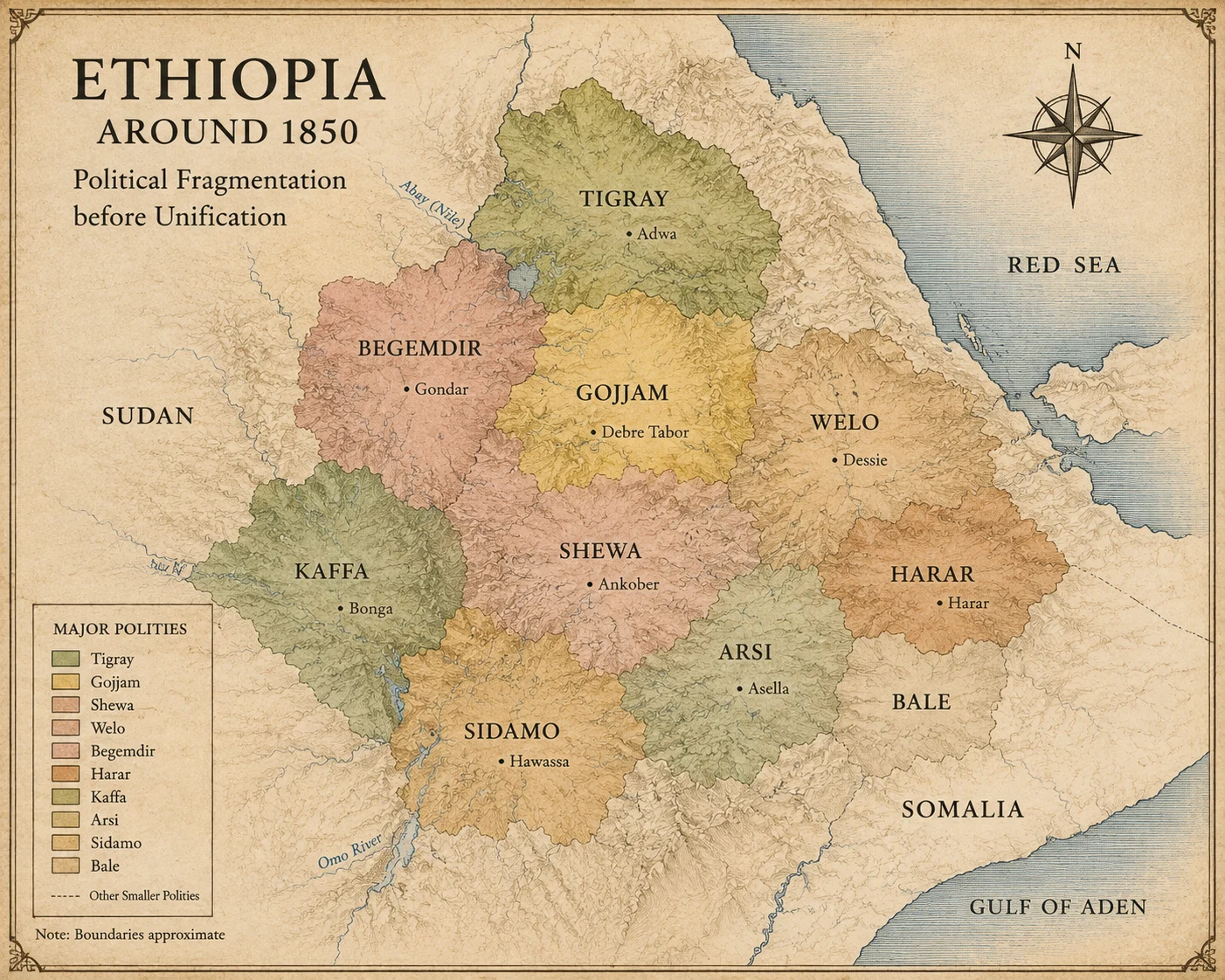 Map showing Ethiopia around 1850 and its major regional divisions