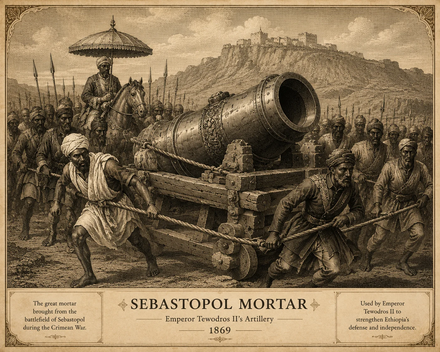 Ethiopian soldiers dragging the Sebastopol mortar during the reign of Tewodros II