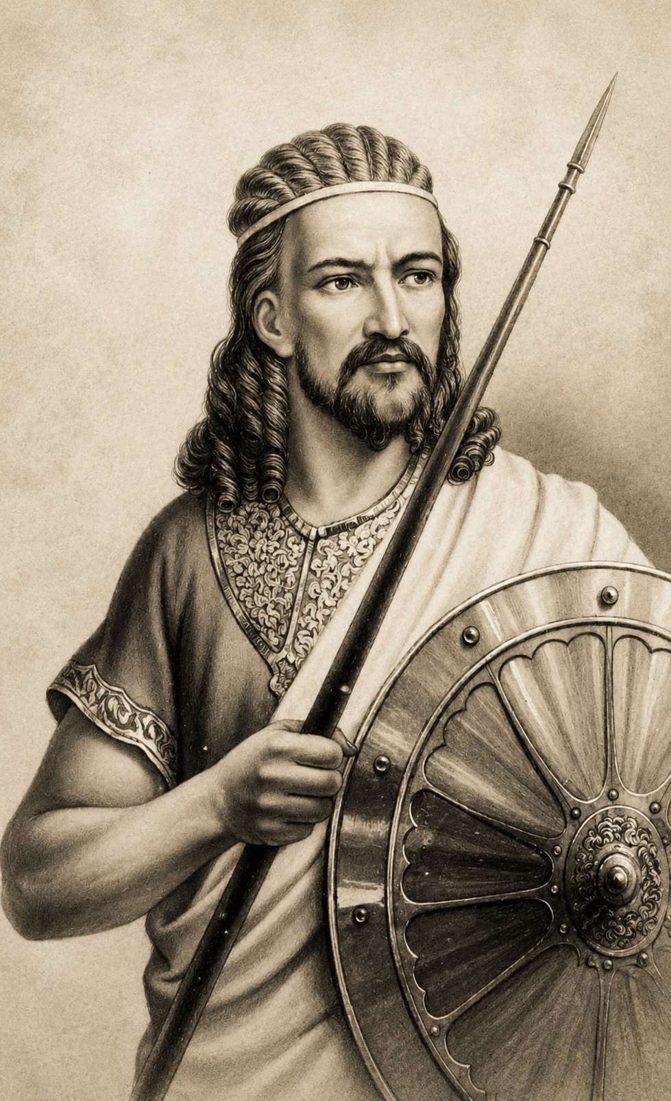 Historical portrait of Emperor Tewodros II holding a spear and a decorated shield